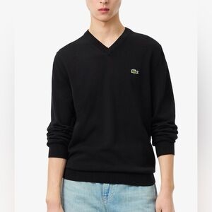 Vintage Lacoste Men's V-Neck Navy Blue Sweater